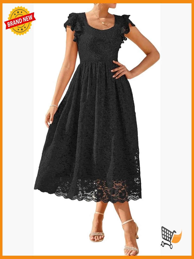 V Neck Ruffle Sleeve Lace Maxi Dress With Pockets